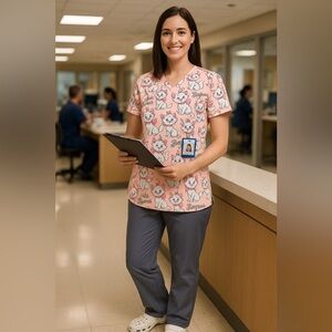 Disney Aristocats Marie print scrubs top, V-neck, shirt sleeve, pockets 🤍💕🖤